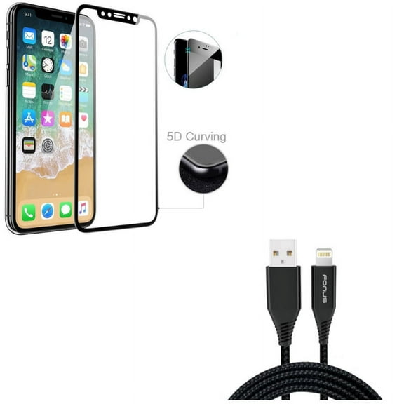 iPhone XS/X - Tempered Glass Screen Protector w Charger Cord 10ft USB Cable - 5D Touch Curved Edge Full Cover Bubble Free Case Friendly 9H Hardness, Power Wire Braided Long Sync Fast Charge