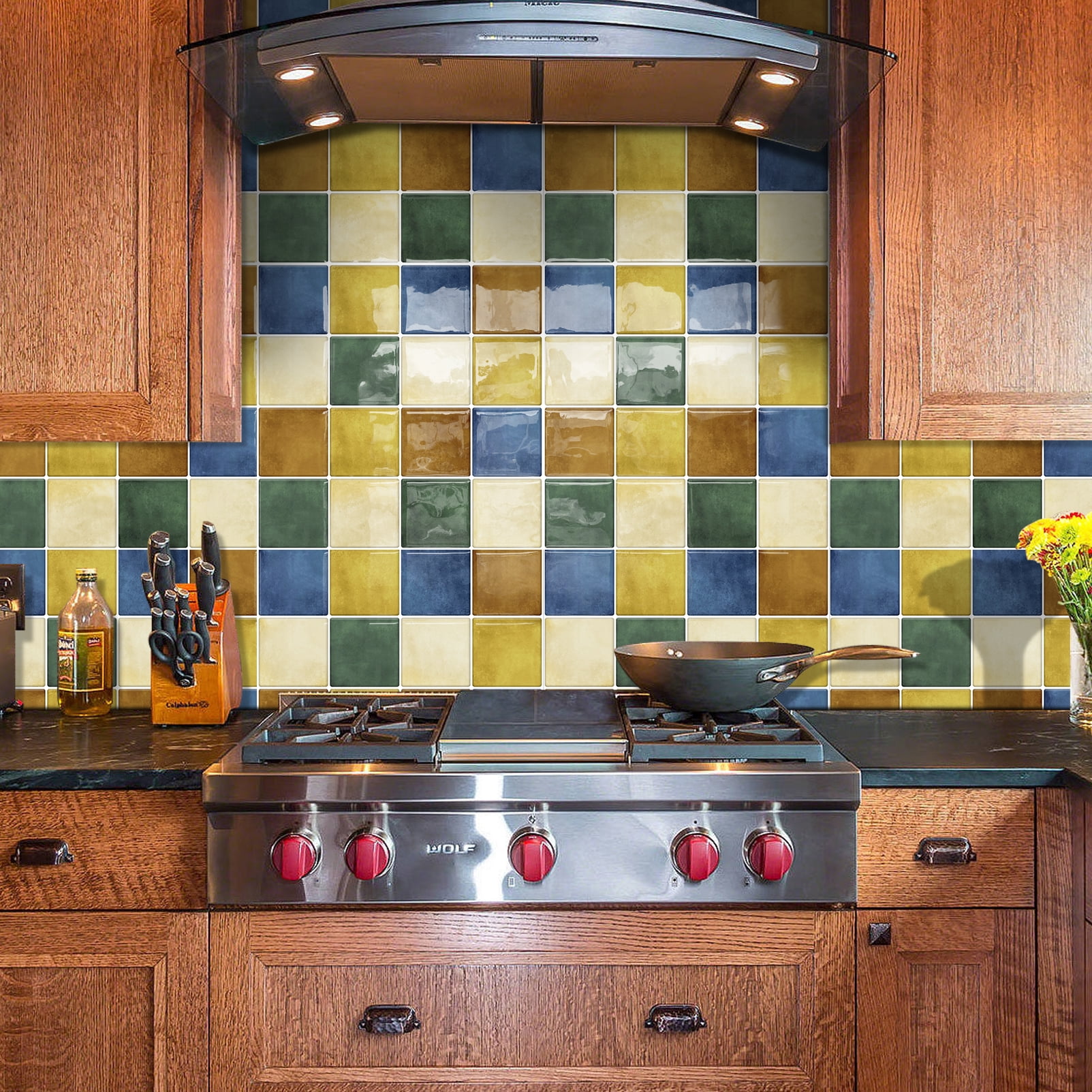 DEWOO Thick Square Kitchen Peel and Stick Backsplash Mosaic Tiles Square Self Adhesive Wall Tile Checkerboard Checkered Stickers,Multicolor (10-Sheet,12"x12")