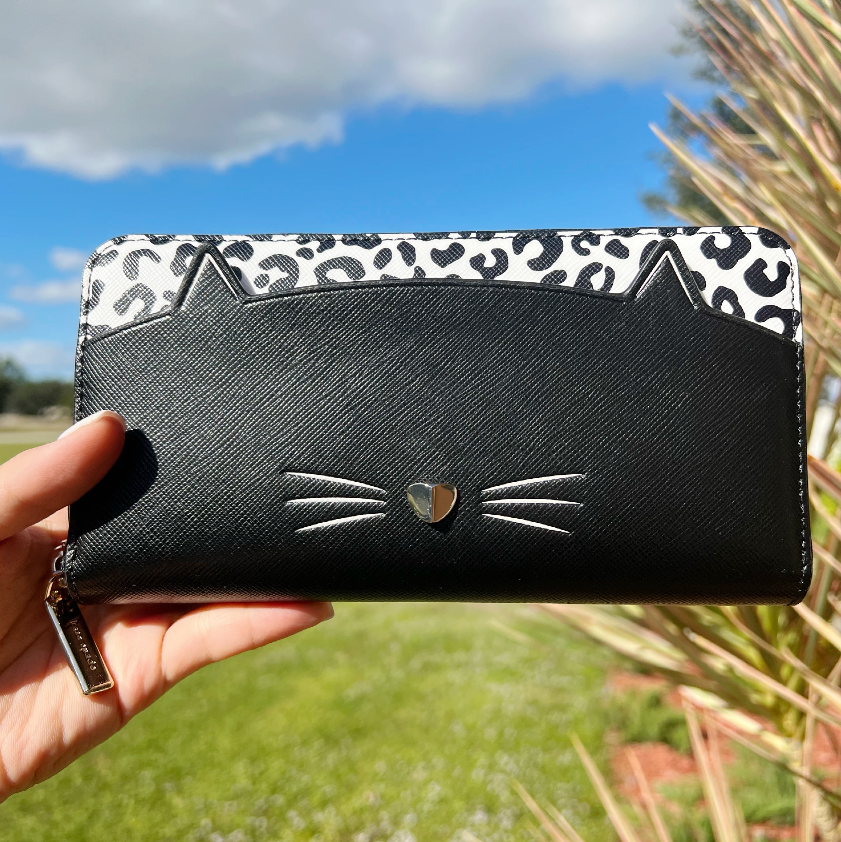 Kate Spade Meow Cat Large Continental Wallet Black Leather Leopard -  