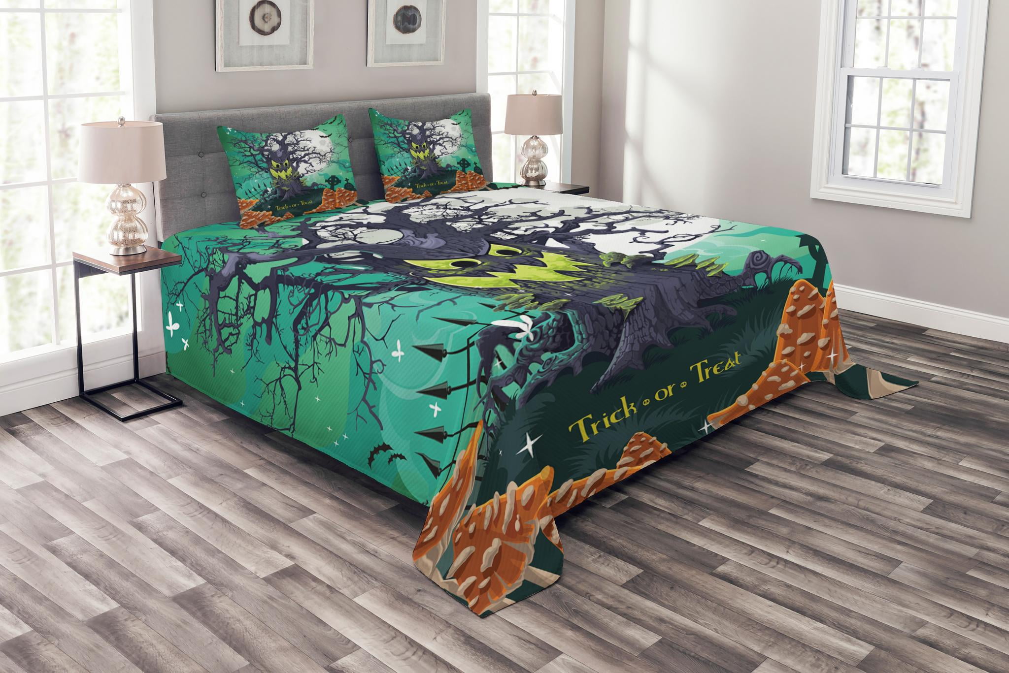 Cotton Alternative Filling Fantasy Staring Quilted Throw Blanket- Halloween Theme Horror Moon with Zombie Hand and Dark Castle Patchwork Bed Cover Quilt for Couch Sofa| Lightweight Warm 98 x 98