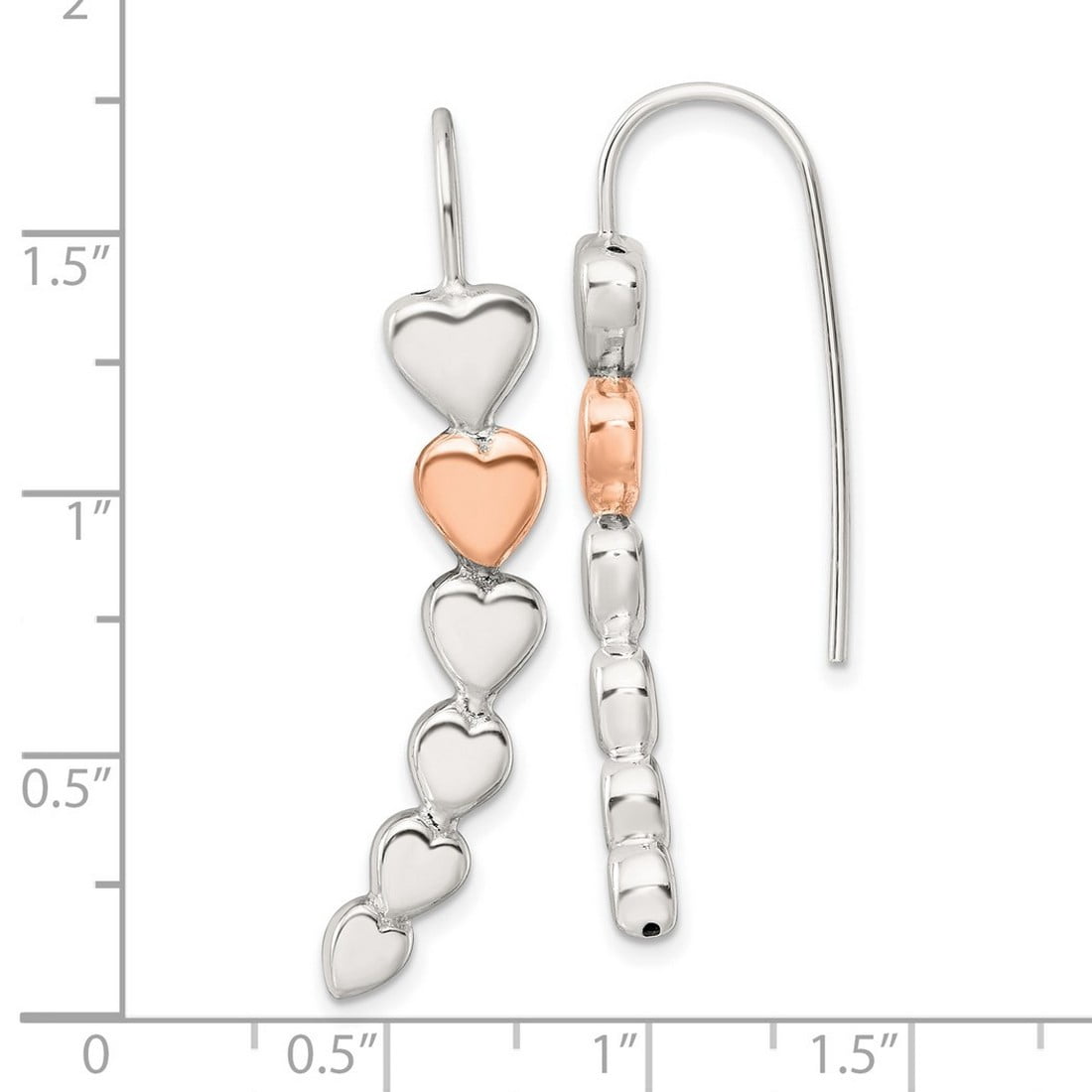 925 Sterling Silver and Rose-tone Polished Love Heart Shepherd Hook Earrings 43.4x7.4mm Wide Stud Earring for Women