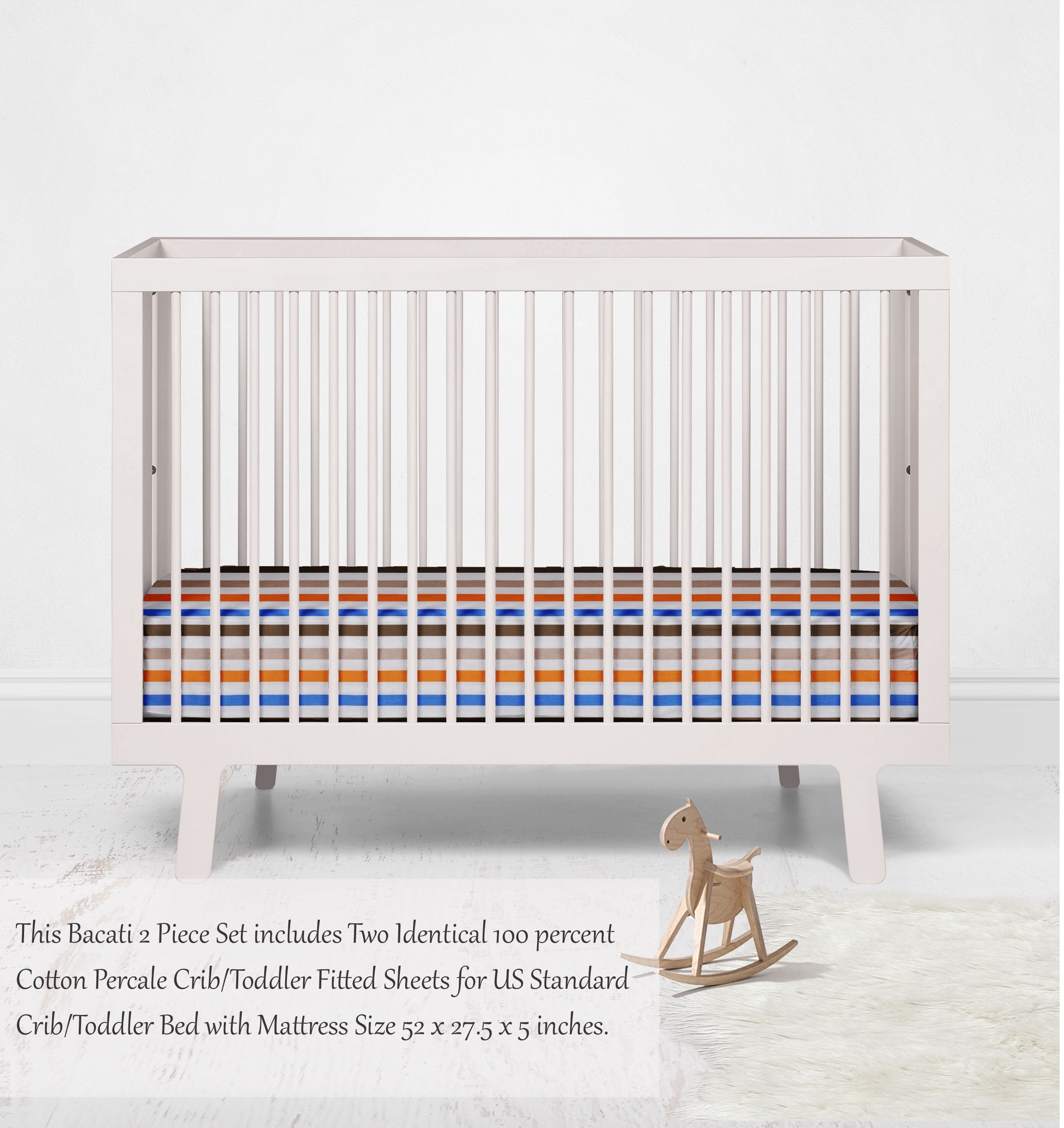 Bacati - Mod Stripes Crib/Toddler Bed Fitted Sheets 100% Cotton Percale, Blue/Orange/Choc, 2-Pack