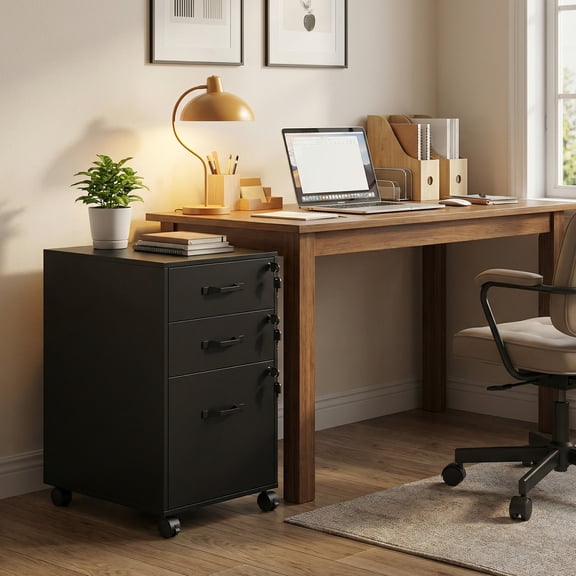 LEDREM Mobile File Cabinet, 3-Drawer Lockable Filing Cabinet with Wheels, for Home Office, Adjustable Rail for A4 Letter Folders, Ink Black