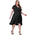thumbnail image 3 of Vestido cruzado de imitación de talgrande pamujer, cuello en V, mancorta, cintuelástica, vestidos elegantes de cambray con dobladillo con volantes Negro 4X, 3 of 5