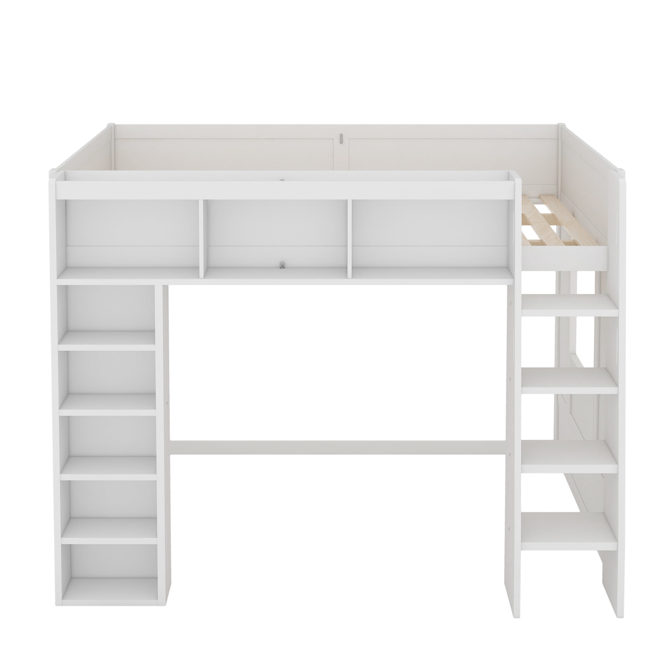 Noble House Corlan Queen Size Wooden Loft Bed with Storage Cabinets and Bookshelves, Heavy Duty, White
