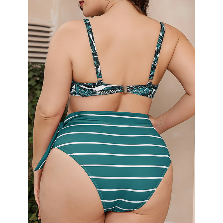 Sexy Dance Women Plus Sizes Beachwear Bathing Suit 2 Piece Tankini Triangle  Bikini Swimsuit V Neck Swimwear Lake Green Flower XXL