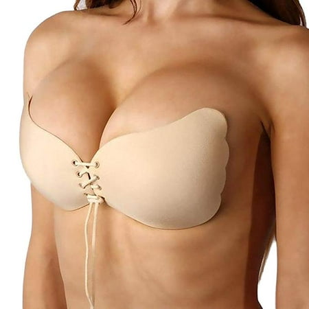 Women's Comfort Premium Strapless Bra Self Reusable Adhesive Silicone Wing Shape Push Up with Adjustable Drawstring, Nude A