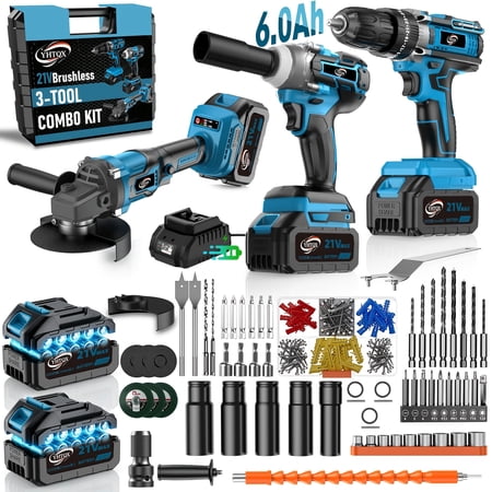 Brushless Cordless Power Tool Combo Kit, Industrial Grade Rotary Hammer Drill, Impact Wrench & Angle Grinder Set for Wall & Car Maintenance