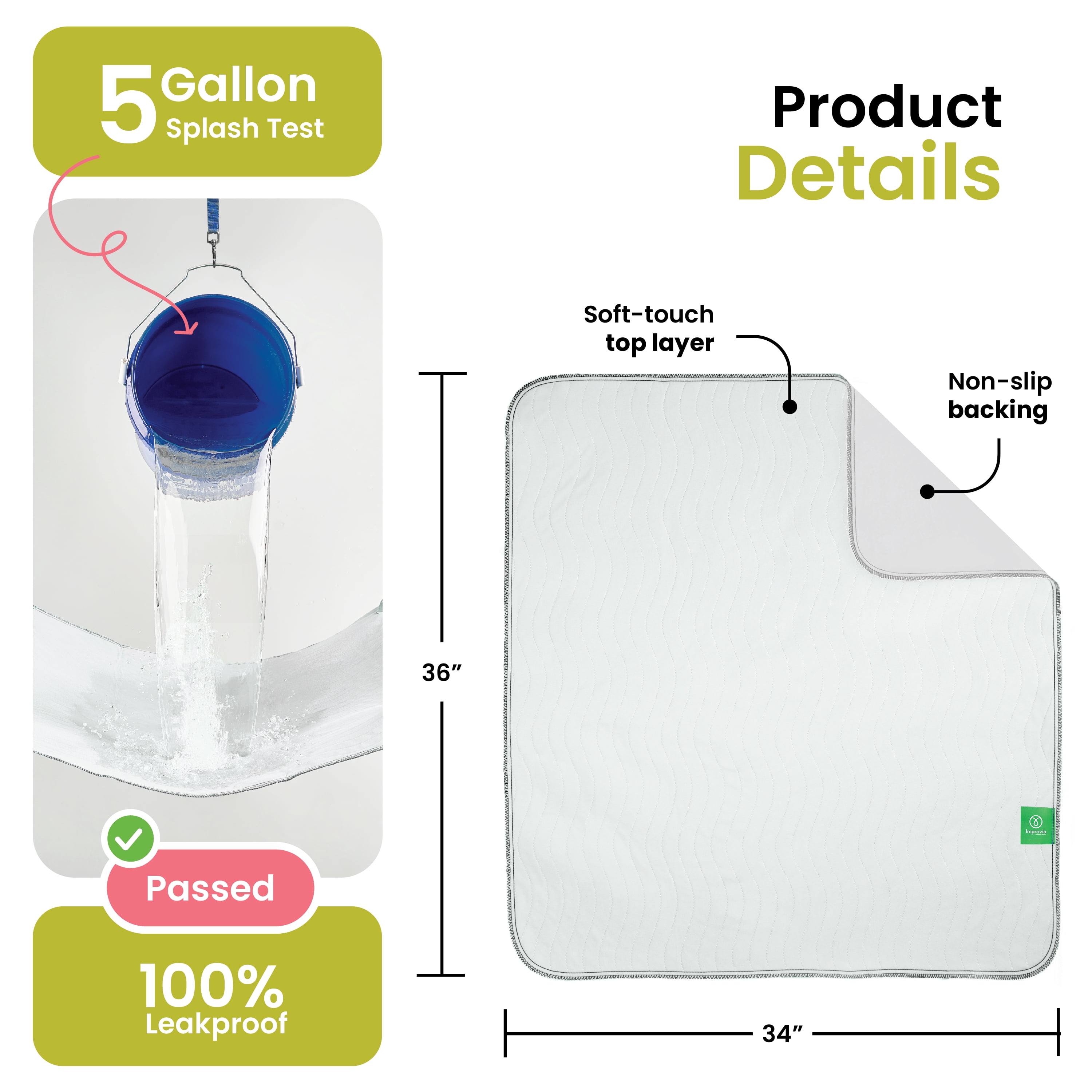 Improvia Washable Bed Pads for Incontinence, Waterproof Reusable, 34 x 36 in, 4-Pack (White & White)