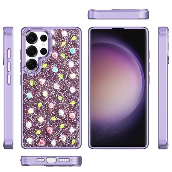 For Samsung Galaxy S25 Ultra Floral Design Embedded Glass Diamond Fancy Fashion Glitter Bling Sparkly Hybrid Rugged TPU Bumper Cover, XPM Phone Case [Purple]