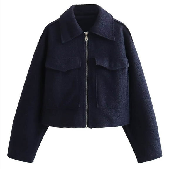 Women's Cropped Wool Blend Jacket Zip Up Design Short Casual Outerwear Modern Minimalist Fall Winter Street Style Tops