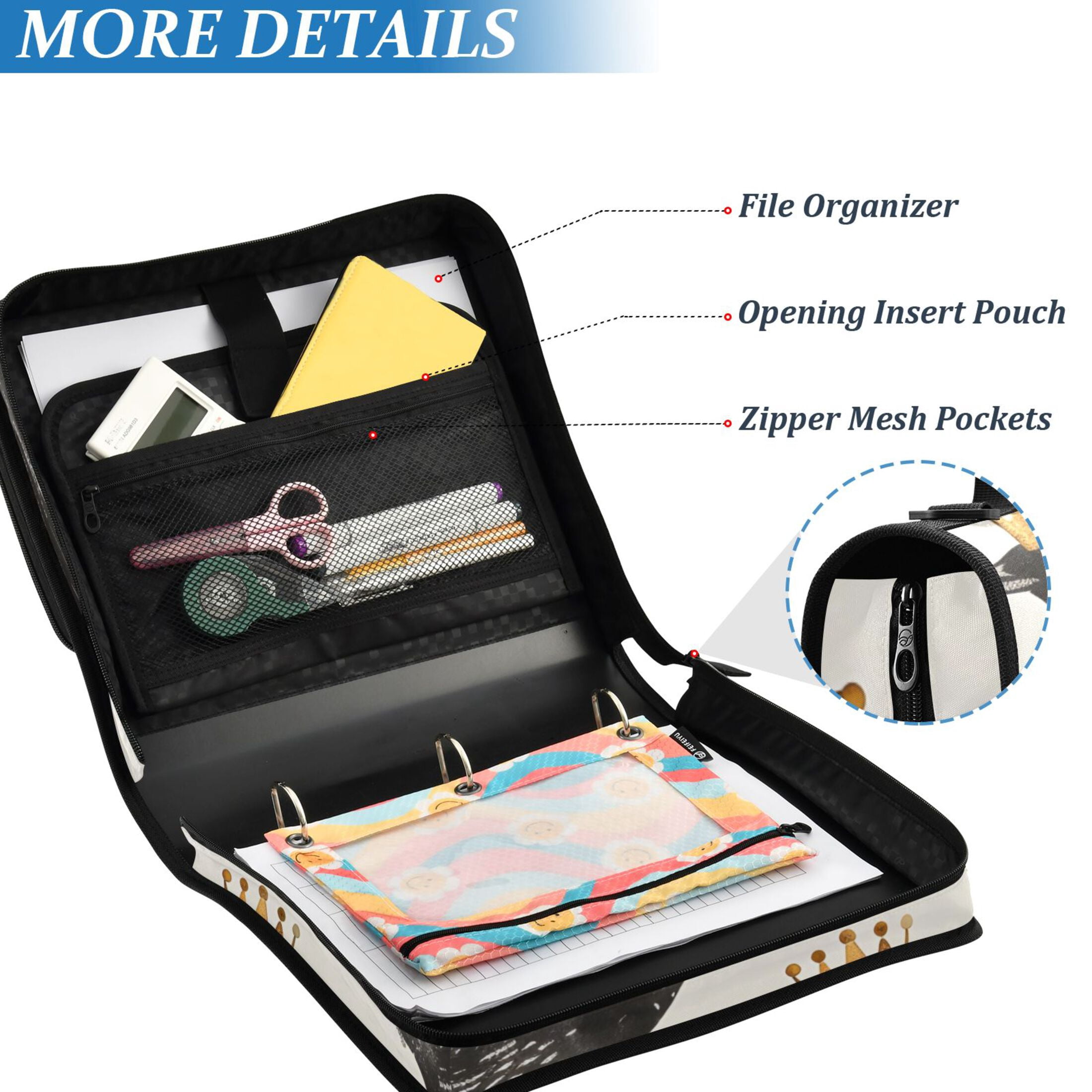 3 Ring Zipper Binder with Shoulder Strap Waterproof Trapper Keeper 2 Inch D-Ring 500 Sheets Capacity Blackbirds with Crown