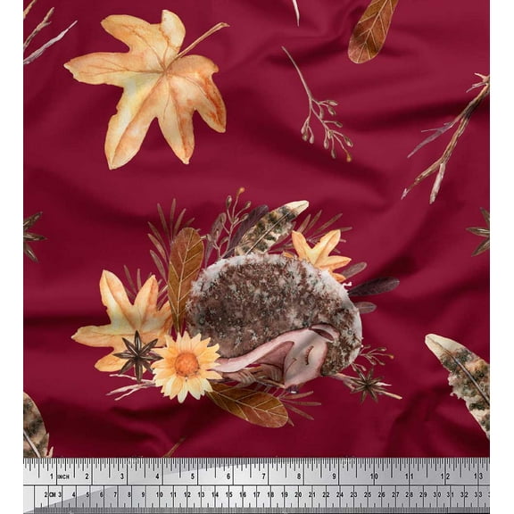 Soimoi Red Cotton Duck Fabric Leaves & Hedgehog Animal Printed Craft Fabric by the Yard 42 Inch Wide