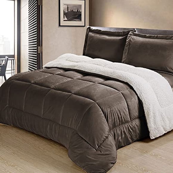 Cathay Home King Comforter Set: Ultra Soft and Plush Reversible Micromink and Sherpa 3-Piece Bedding Set, Chocolate, King (102" x 90")