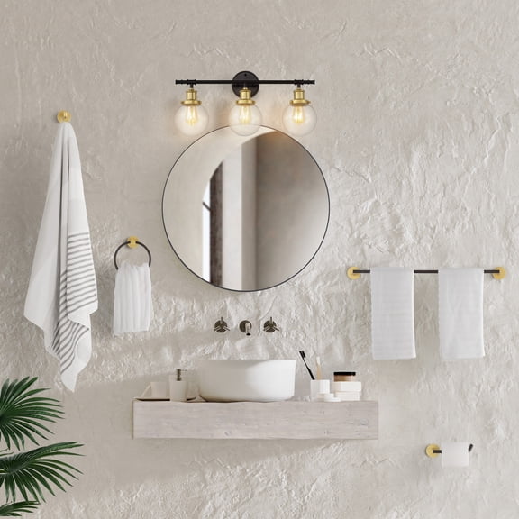 JONATHAN Y Hugo 24.5" 3-Light Farmhouse Classic Vanity Light with Bathroom Hardware Accessory Set, Oil Rubbed Bronze/Gold Painting (5-Piece)