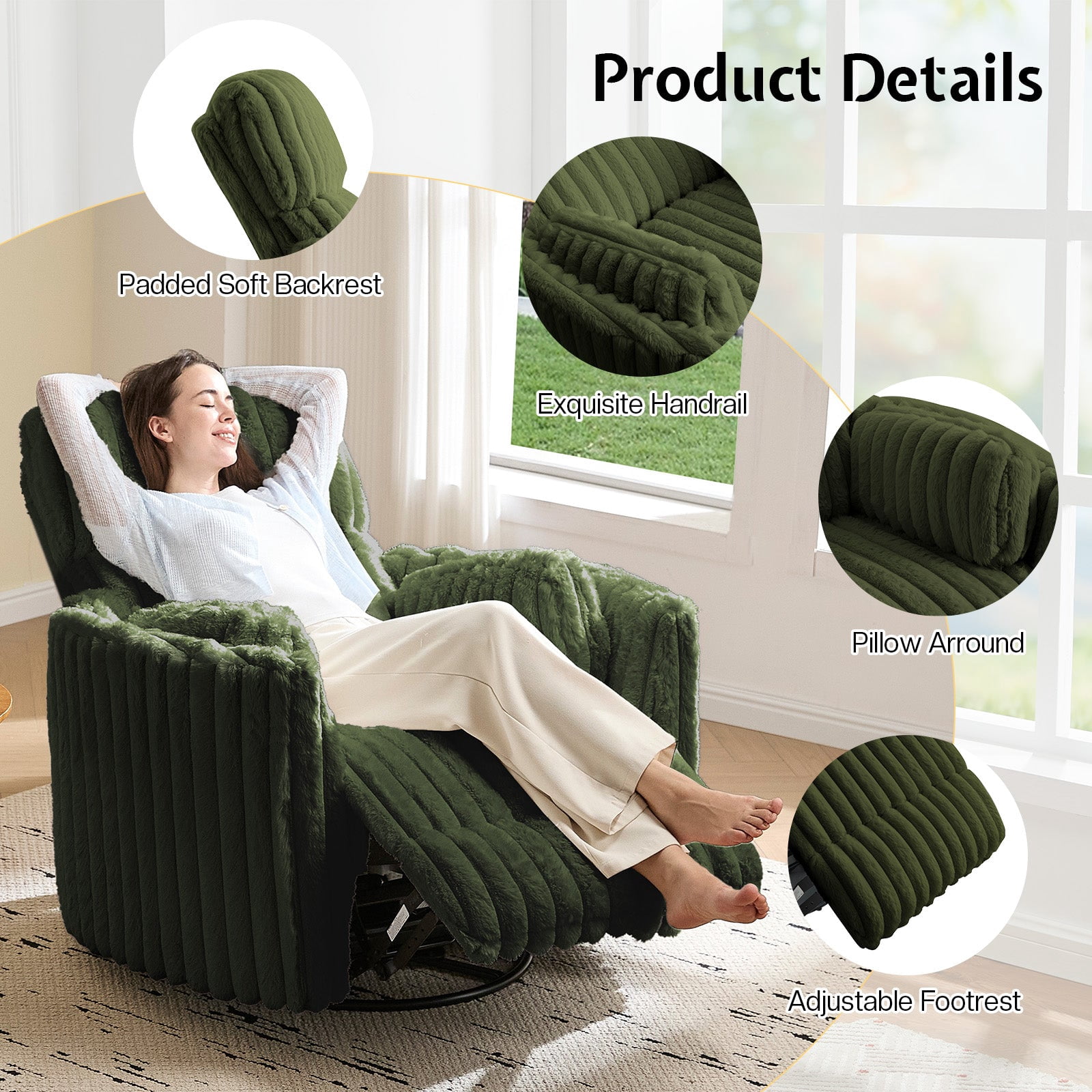 Merluxy Power Recliner Nursery Chair for Adults, Electric Swivel Rocking Glider with USB & Type-C for Living Room, Bedroom, Green