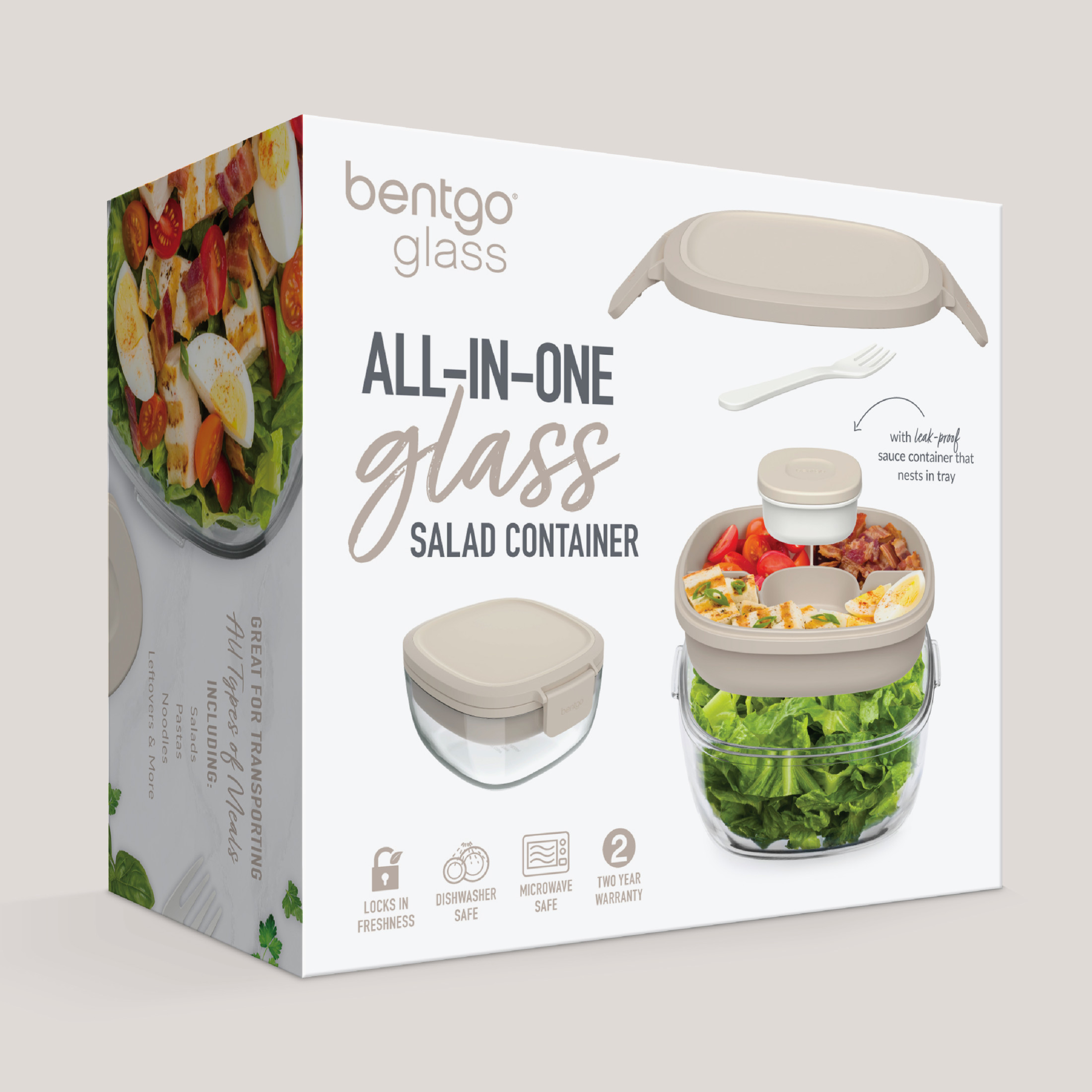 Bentgo® Glass All-in-One Salad Container - Large 61-oz Salad Bowl with Lid, 4-Compartment Bento-Style Tray, Sauce Container & Fork - Dishwasher, Microwave, and Oven Safe - White Stone Tan