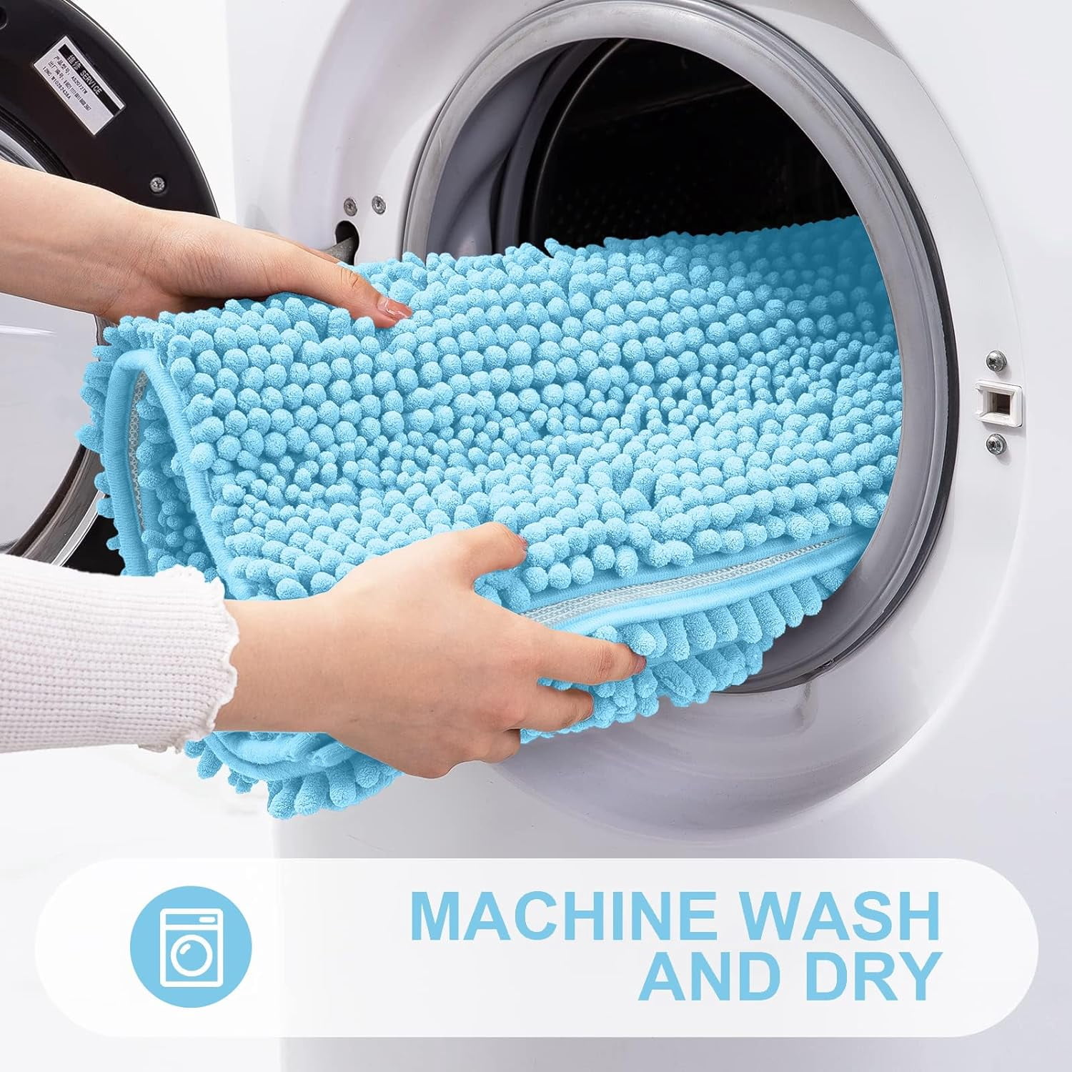 Chenille Striped Bathroom Rugs 24x16, Extra Thick and Absorbent Bath Rugs, Non-Slip Soft Plush Shaggy Bath Carpet, Machine Wash Dry, Bath Mats for Bathroom, Blue