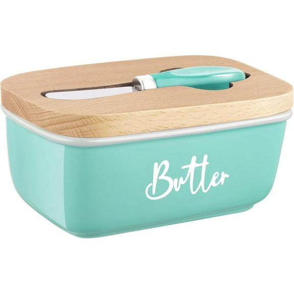 Turquoise Butter Dish with Lid and Knife for Countertop, Ceramic Butter Container with Beech Wood Lid, Airtight Butter Keeper for Counter or Fridge, for Teal Kitchen Decor and Accessories