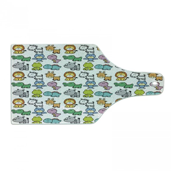 Cartoon Cutting Board, Style Animals Lion Zebra Frog Dinosaur Crocodile Bat Fun Illustration, Decorative Tempered Glass Cutting and Serving Board, Wine Bottle Shape, Multicolor, by Ambesonne