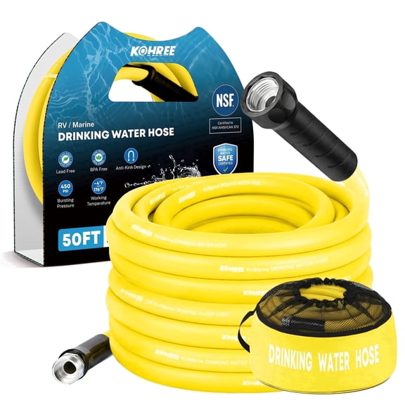 Kohree 50FT NSF 372 Certified Drinking Water Hose, 5/8" ID, Lead-Free, No-Kink & Flexible, with Storage Bag for RV, Camper, Truck, Car, Yellow