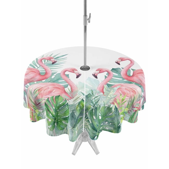 Outdoor Tablecloth with Umbrella Hole for Patio/Picnic/Party/Camping, Pink Flamingo Waterproof Table Cloth Round Cover Washable, Summer Tropical Palm Leaves Modern (Dia 60")