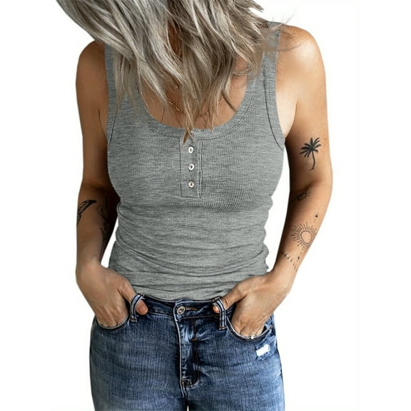 Summer Sleeveless Women Scoop Neck Ribbed TopsShirts Slim Fit Cami Knit Tees