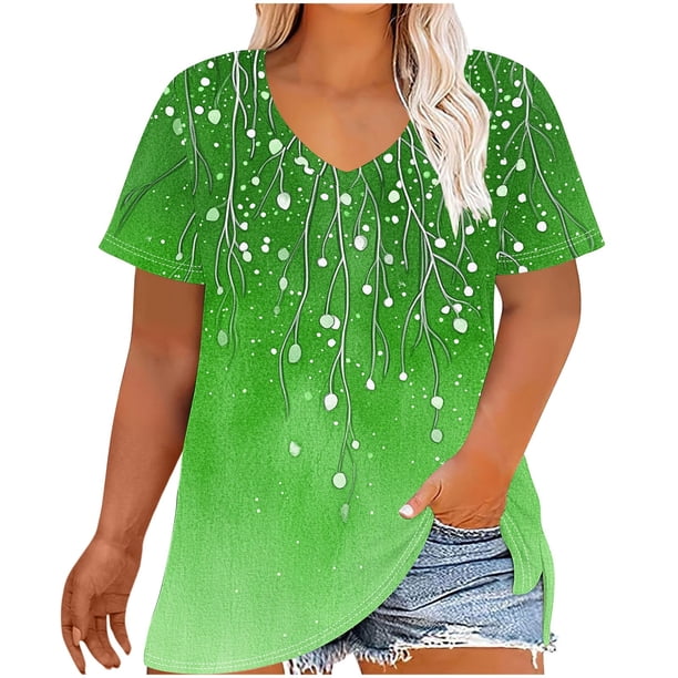 Camisetas Casuales de las Mujeres Más Tamaño V-Cuello Impresión Manga Corta Color Sólido Base de Verano Superior, Ligero para Diario