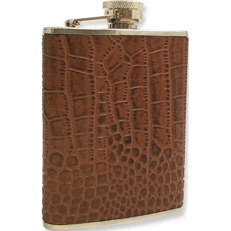 Textured Flask - 6 Oz Stainless Steel Flask W/Brown Crocodile Texture Designer Jewelry by Sweet Pea