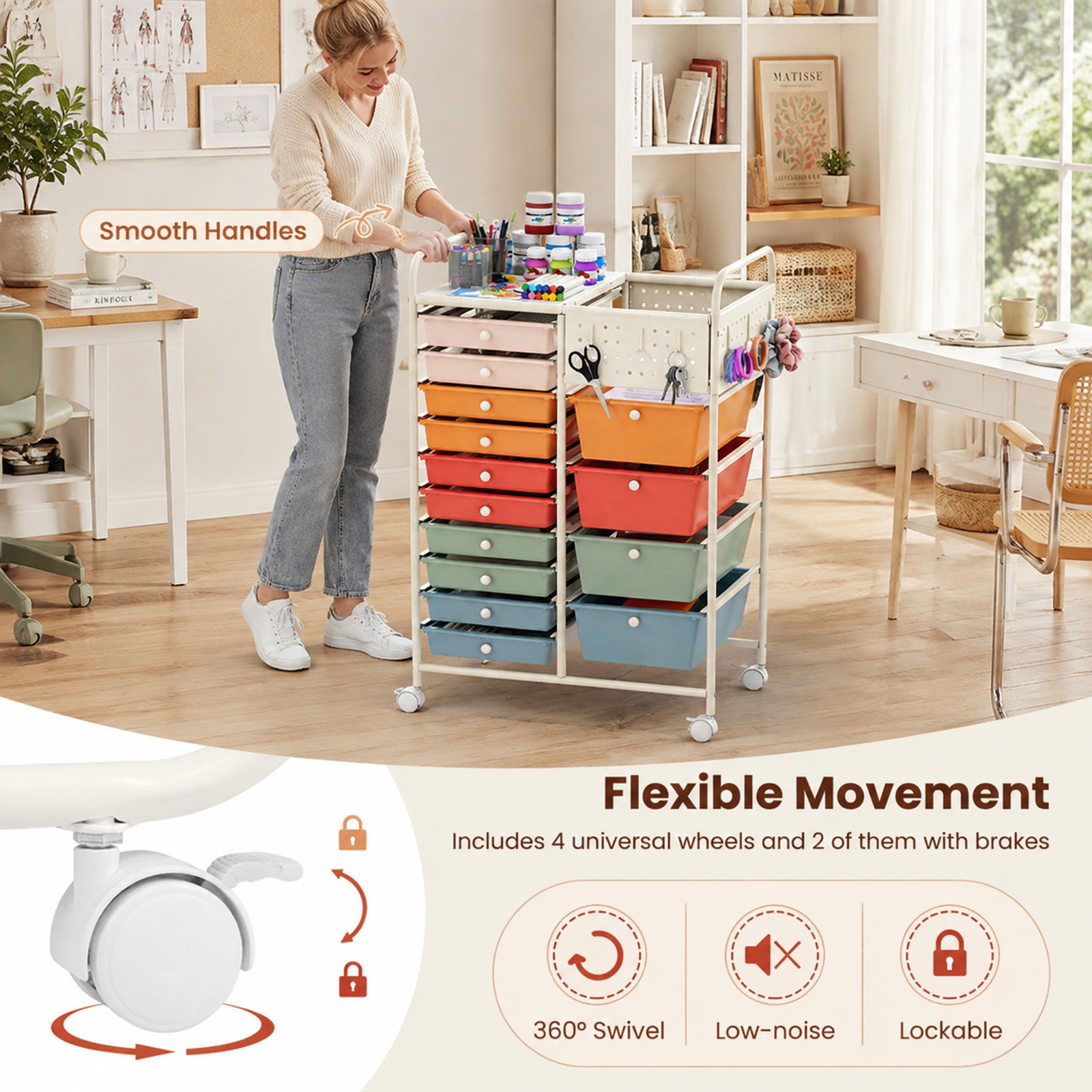 Furnibear 14 Drawer Rolling Storage Cart with Metal Tabletop Pegboard and Locking Wheels for Kitchen Office and Classroom Organizing, Macaron