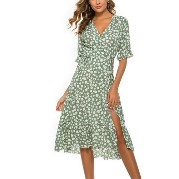 Qmyliery Women Midi Dress, Short Sleeve V-neck Flower Print Elegant Summer Casual Party Dress