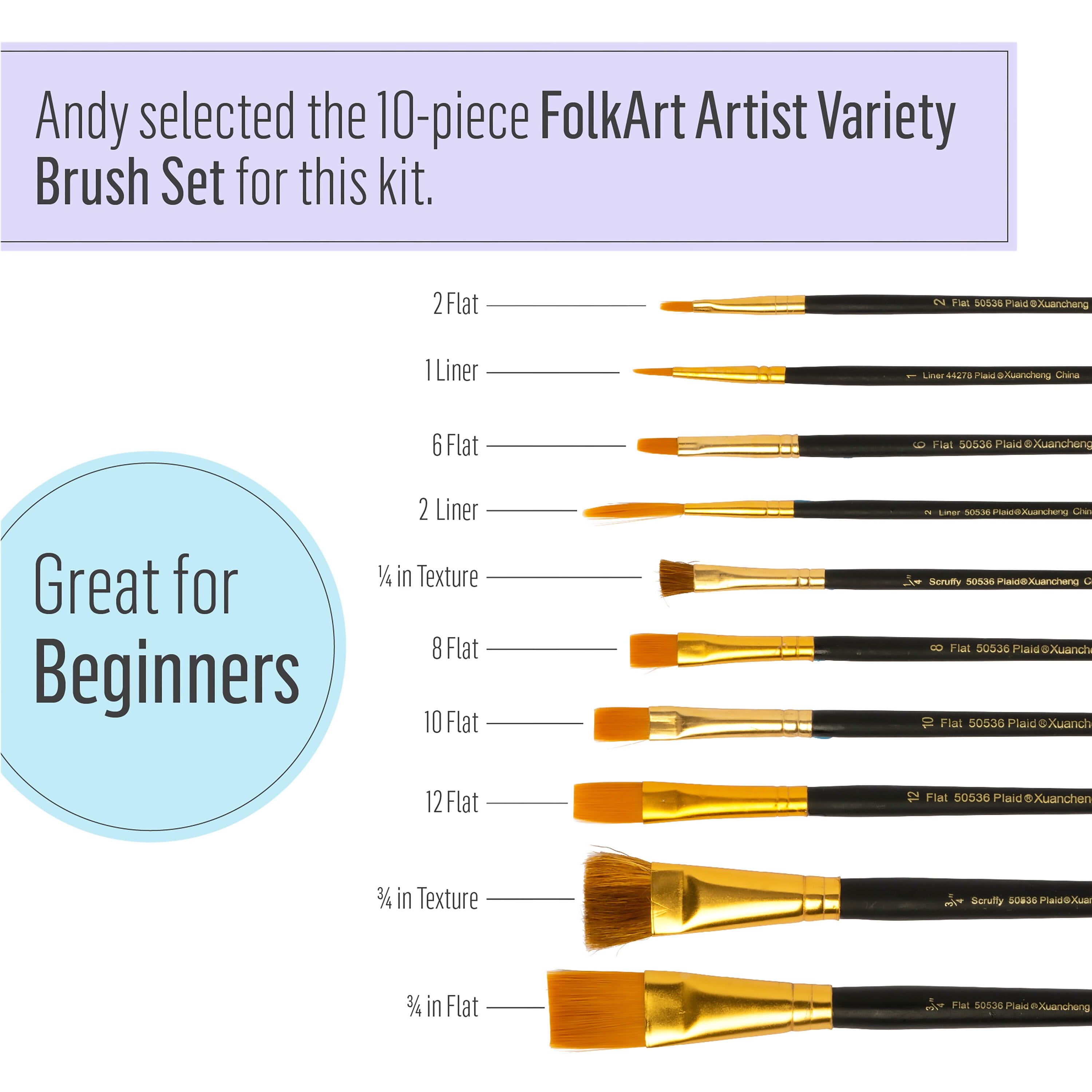 FolkArt Art Talk with Andy Beginner Kit, 27 Pc Set with 17 Acrylic Craft Paints, and 10 Brushes