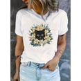thumbnail image 1 of T-Shirt à Imprimé Floral pour Femmes - Tee-Shirt Col Rond en Polyester Doux avec Design de Chat Noir et Fleur Adorable, Manches Courtes Décontractées pour Tenue Décontractée, Tee-Shirt Décontracté / Tee-Shirt Imprimé Ludique / Tissu en Polyester, 1 of 7