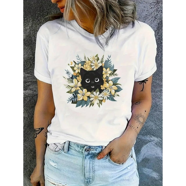 T-Shirt à Imprimé Floral pour Femmes - Tee-Shirt Col Rond en Polyester Doux avec Design de Chat Noir et Fleur Adorable, Manches Courtes Décontractées pour Tenue Décontractée, Tee-Shirt Décontracté / Tee-Shirt Imprimé Ludique / Tissu en Polyester