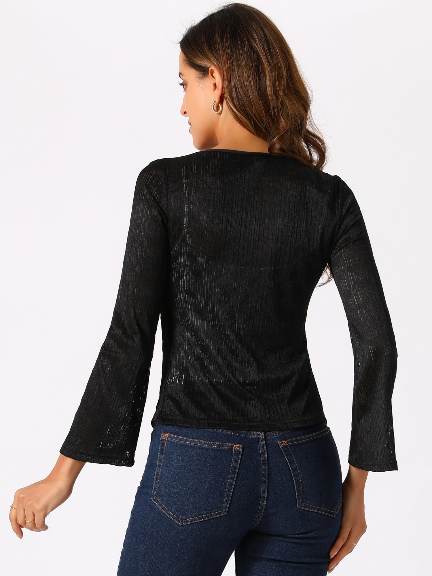 DARING DIVA Women's Tie Front Bell Long Sleeve Bolero Cardigan Shrug S Black