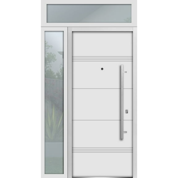Front Exterior Prehung Steel Door / Deux 1705 White Enamel / Side and Top Exterior Black Window / Stainless Inserts Single Modern Painted-W36 12" x H80 16"-Left-hand Inswing