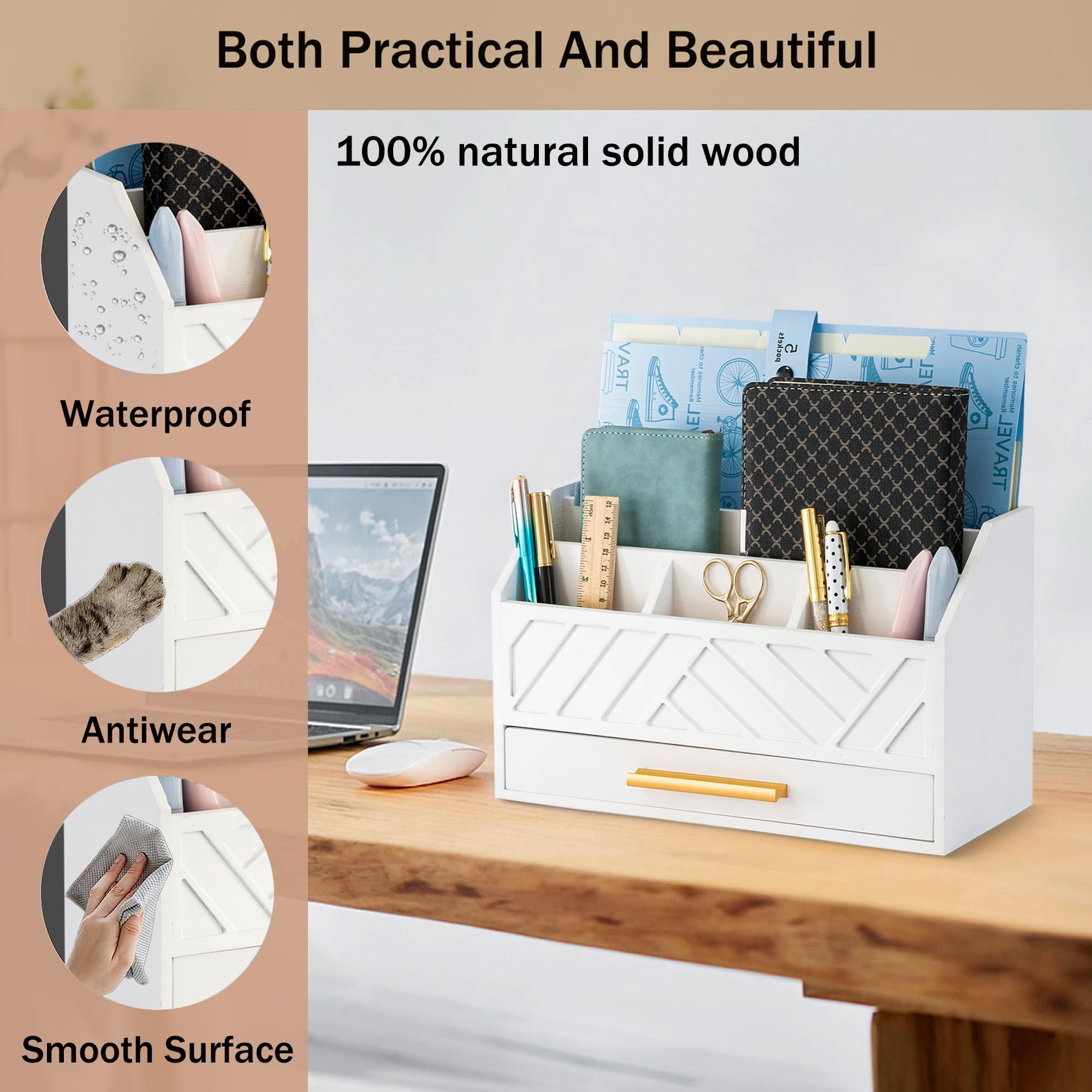 Brown Wood Desk Organizer and Accessories with Drawer, Bill Mail Organizer and File Mail Holder for Office Supplies, Modern Desk Accessories & Workspace Organizers for Desk Organization