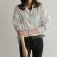 thumbnail image 6 of Womens New Mid-Length Striped Shirt Stylish Loose Long-Sleeved Top White S YIWEI, 6 of 11