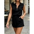 thumbnail image 3 of Sleeveless Women's Casual Shorts Rompers Summer Half Zip Lapel Collar Drawstring Knit One Piece Jumpsuit with Pockets, 3 of 6