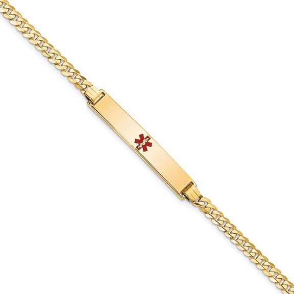 Auriga 14K Yellow Gold Red Enamel Flat Curb Link Id Bracelet 7 inch for Women(L- 7inch, W- 6.5mm)