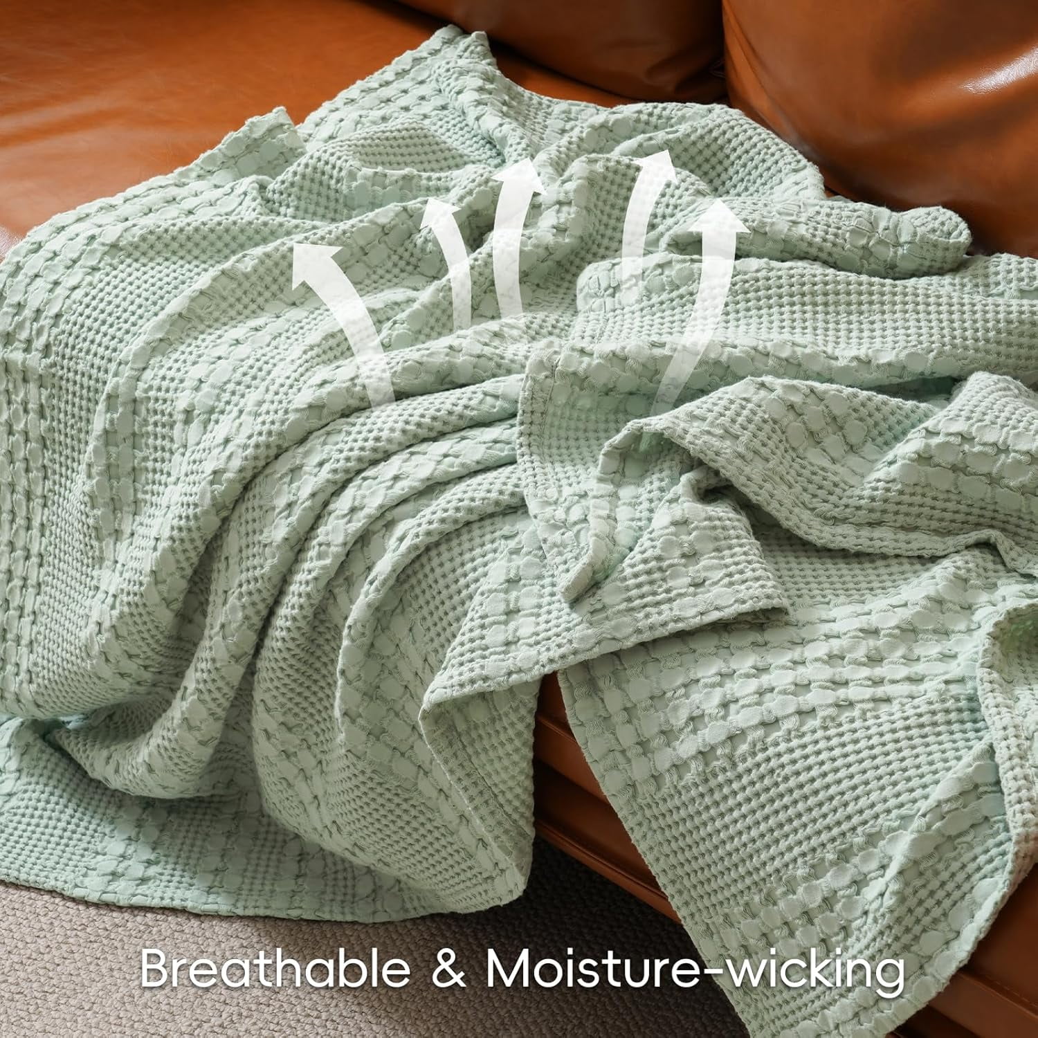 PHF 100% Cotton Waffle Weave Blanket, Lightweight Throw Washed Blanket for Bed Sofa Home Decor, Sage Green, 50"x60"