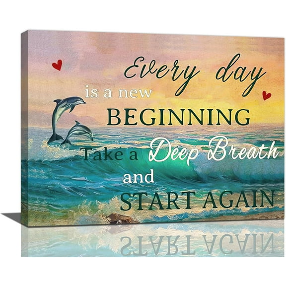 Beach Ocean Wall Art Dolphain Pictures Wall Decor Motivational Inspirational Quotes Canvas Artwork Painting Coastal Scenery Framed Poster Print for Home Living room Bedroom Bathroom Office 12"X16"