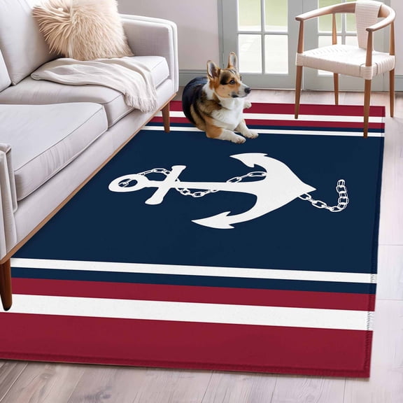 Navy Blue Red Stripe Area Rug 4x6 Washable Rug Non Slip Coastal Nautical Anchor Farmhouse Large Area Rug Indoor Floor Carpet for Entryway Bedroom Kitchen Living Room Home Office Dining Room Nursery