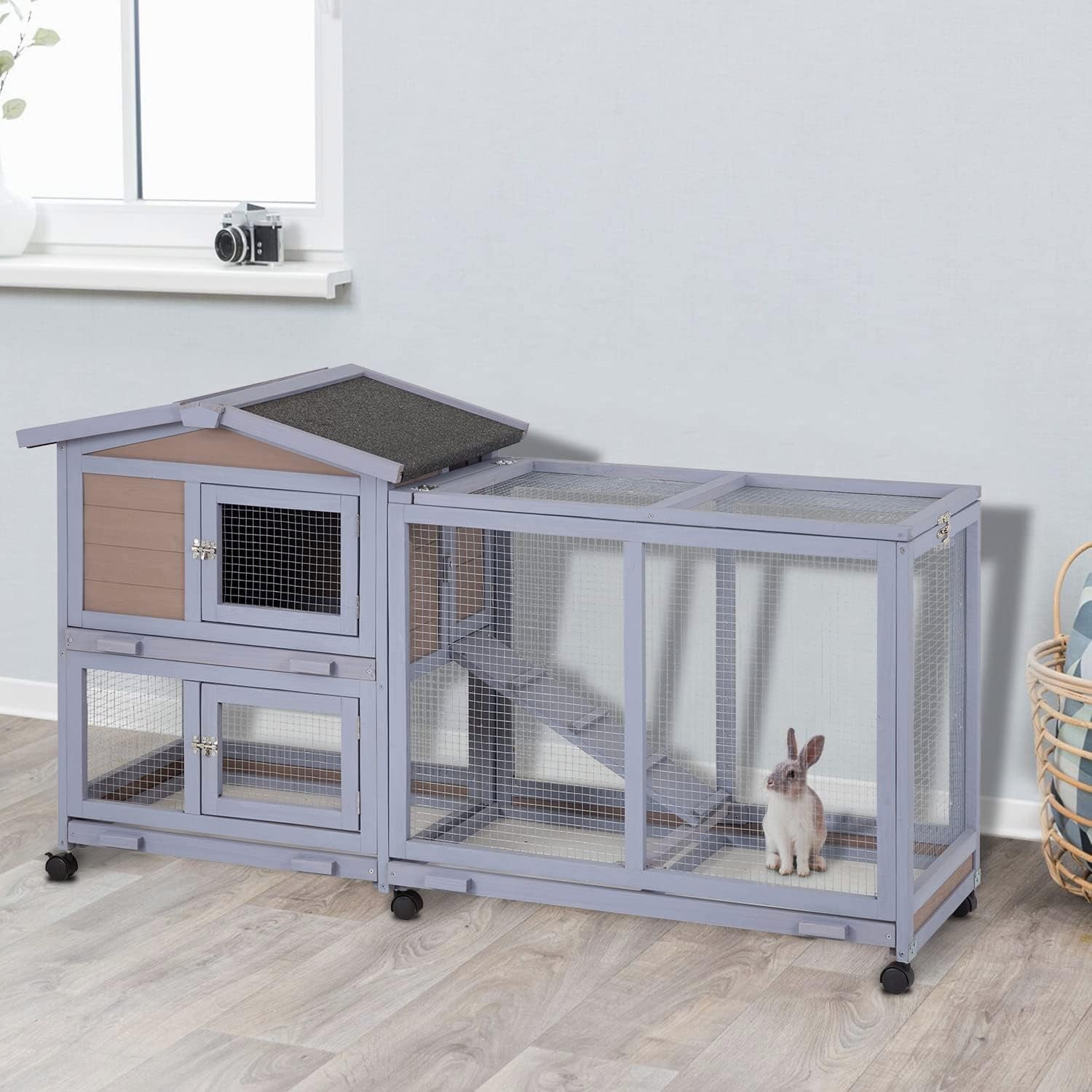 Dkelincs Rabbit House 58" Rabbit Hutch Indoor & Outdoor Wooden Bunny Cage W/Wheels, Large Guinea Pig House Rabbits Cage with Run Ramp Removable Trays for Small Animals