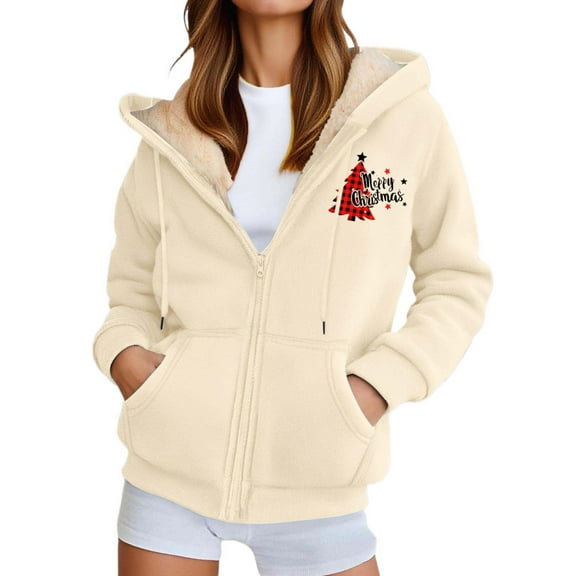 XIAOCHA Womens hoodies Merry Christmas Plaid Tree Graphic Zip Up Hoodie Fleece Warm with pockets Hooded Sweatshirt Holiday Party Outfit