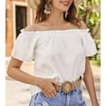 thumbnail image 2 of Blusa de verano con hombros descubiertos, informal, de color liso, de manga corta, con volantes, ajuste holgado, color blanco S, 2 of 7