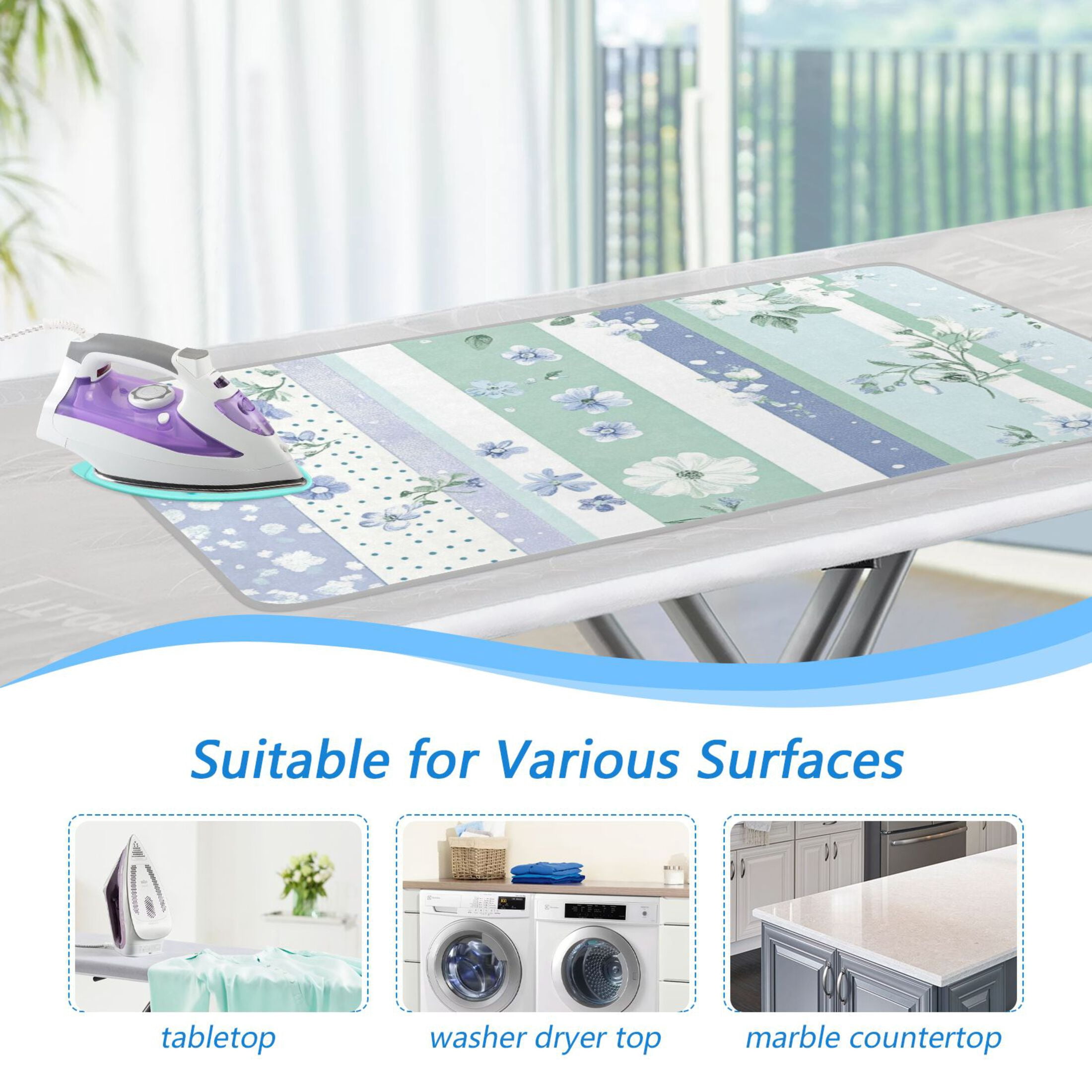 Blue-green Vertical Stripes Florals Leaves Ironing Mat Blanket Portable Travel Ironing Pad Heat Resistant Pad 47.2" x 27.6”