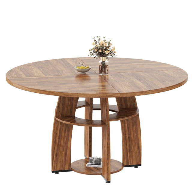 Space-Saving Modern Round Dining Table for 4-6,Modern Farmhouse Kitchen Table with Storage Shelf,Adjustable Feet,Easy Assembly & Cleaning for Dining Room, Living Room, Apartment