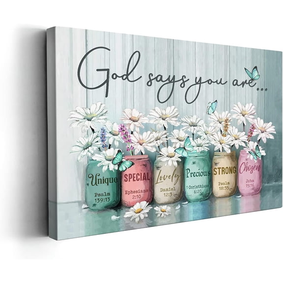 Inspirational Daisy Flower Wall Art Encouraging Bible Verses Wall Decor Marson Jars with Butterflies God Says You Are Wall Art for Bathroom Bedroom Office Framed Artwork 12x16 inch (Teal)