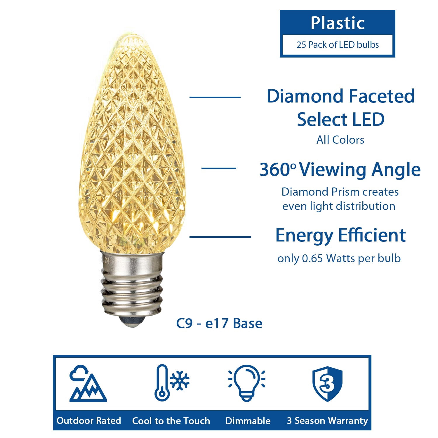 Novelty Lights Warm White C9 LED Diamond Faceted Christmas Replacement Bulbs Dimmable 25 Pack